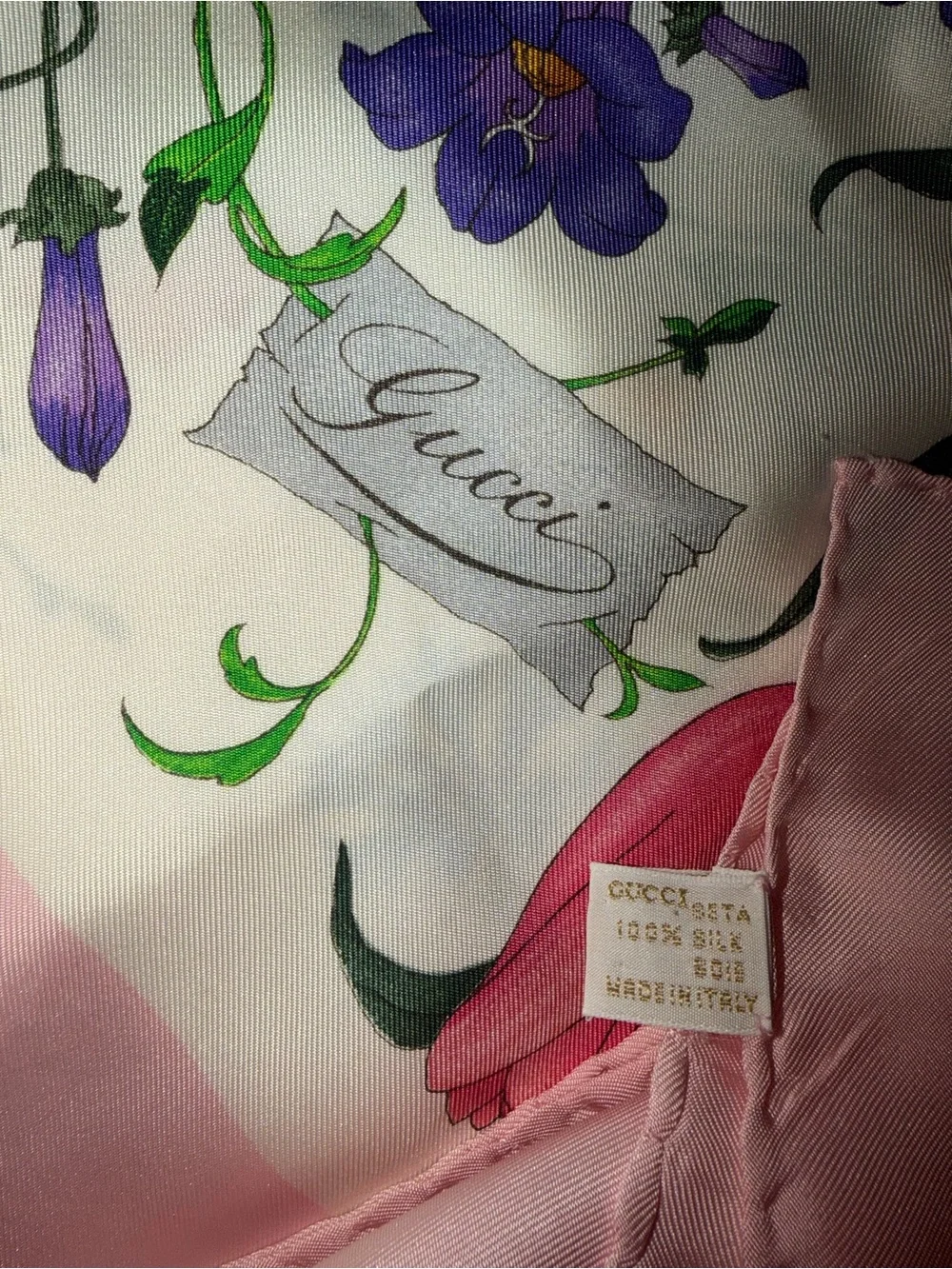 Gucci Floral Silk Scarf in White, Pink, Purple, Green
